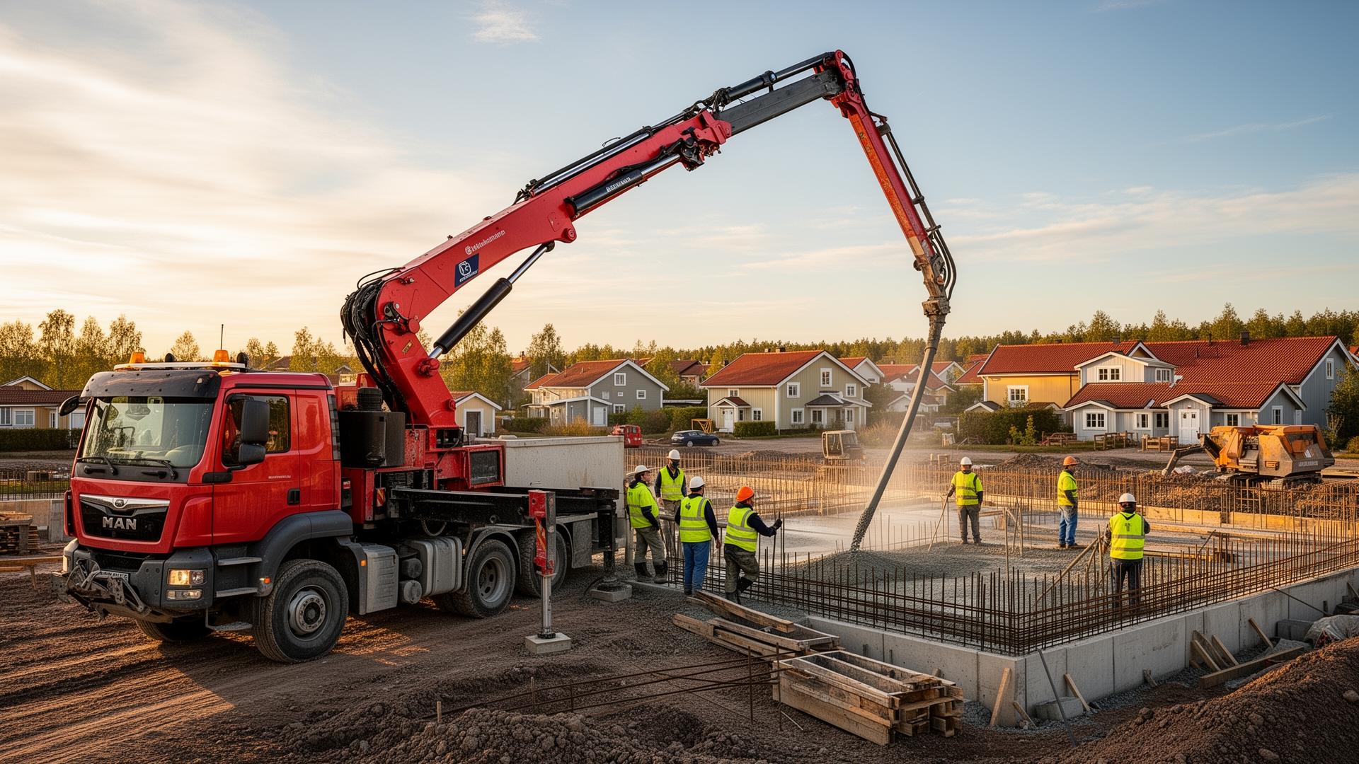 Betongpump i arbete på svensk villatomt